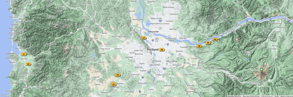 This map of northwest Oregon shows the locations where I took photos on this trip.